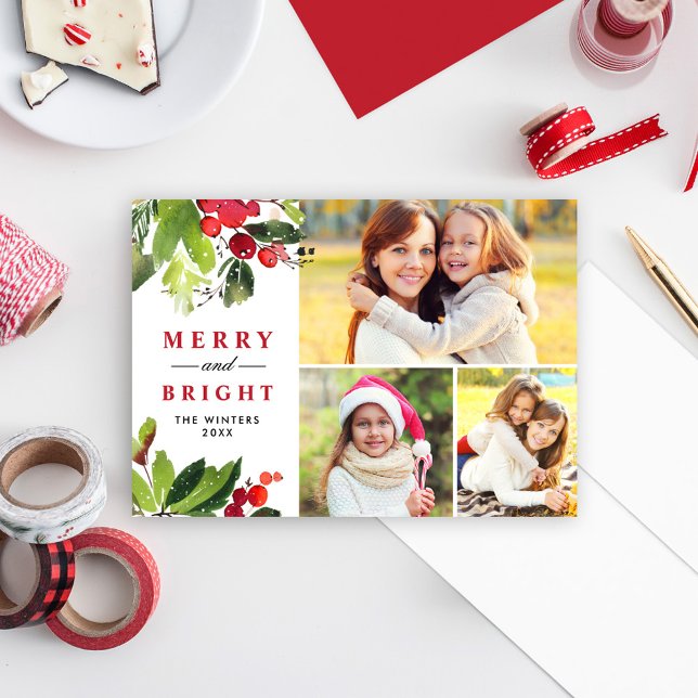 Merry and Bright Holly Photo Collage Holiday Card (Creator Uploaded)