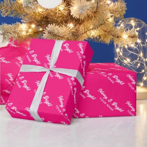 Merry and Bright hot neon pink script Christmas Wrapping Paper