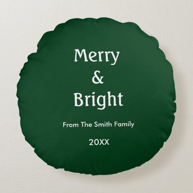 Merry And Bright Hunter Green Christmas Gift Decor Round Pillow (Front)