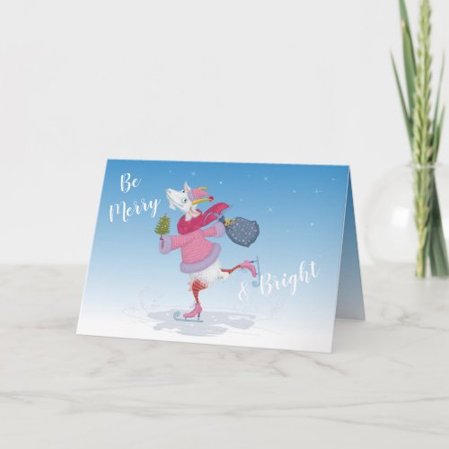 Merry and Bright  Ice Skating Goat Holiday Card