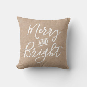 Merry and Bright Kraft Script Christmas Throw Pillow