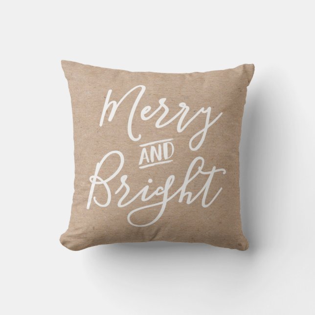 Merry and Bright Kraft Script Christmas Throw Pillow (Front)