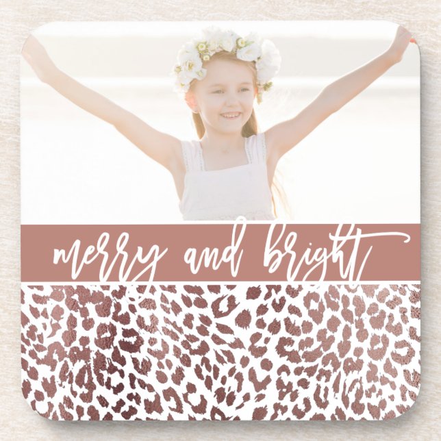 Merry and Bright Leopard Print Photo Holiday Beverage Coaster (Front)
