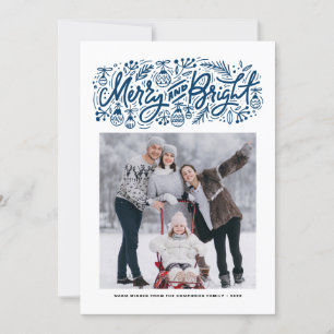 Merry and Bright Lettering Blue Christmas Photo Holiday Card