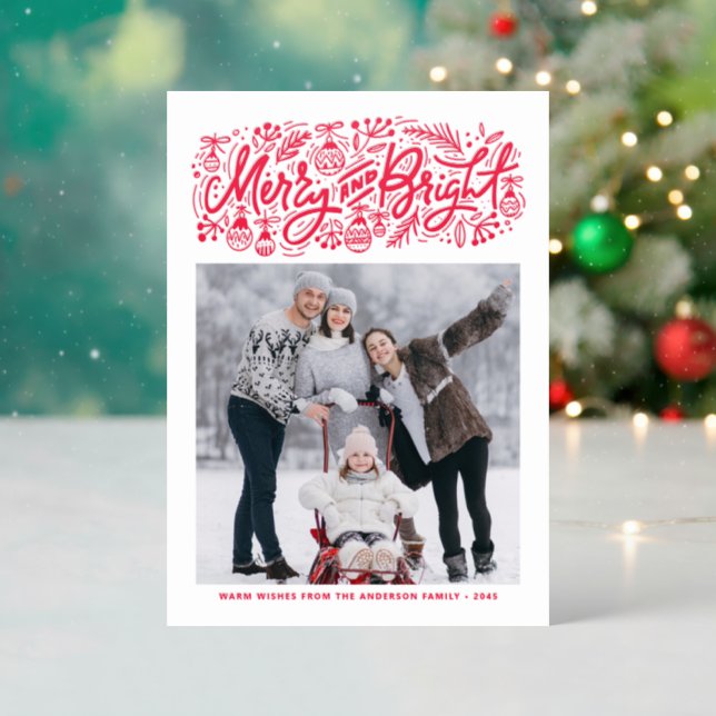 Merry and Bright Lettering Festive Christmas Letterpress Photo Cards (Front (Into))