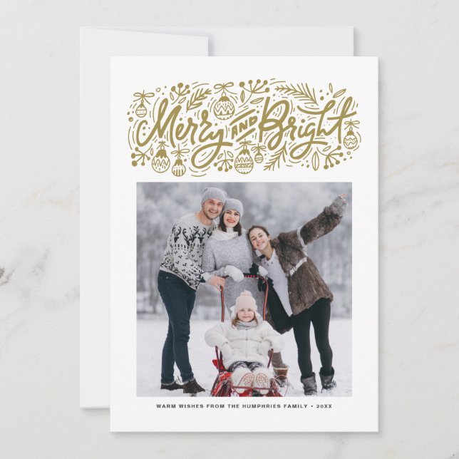 Merry and Bright Lettering Gold Christmas Photo Holiday Card (Front)