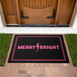 Merry and Bright Lightning Bolt Pink Christmas Doormat