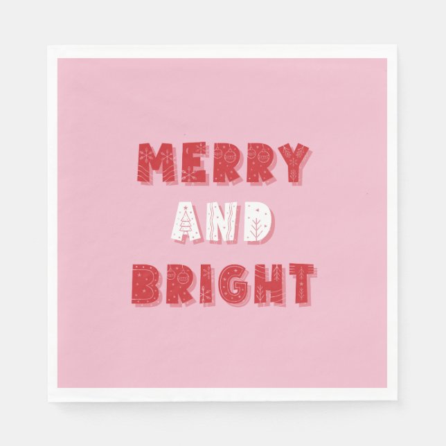 Merry and Bright, Merry Christmas, Christmas, Pink Napkins (Front)