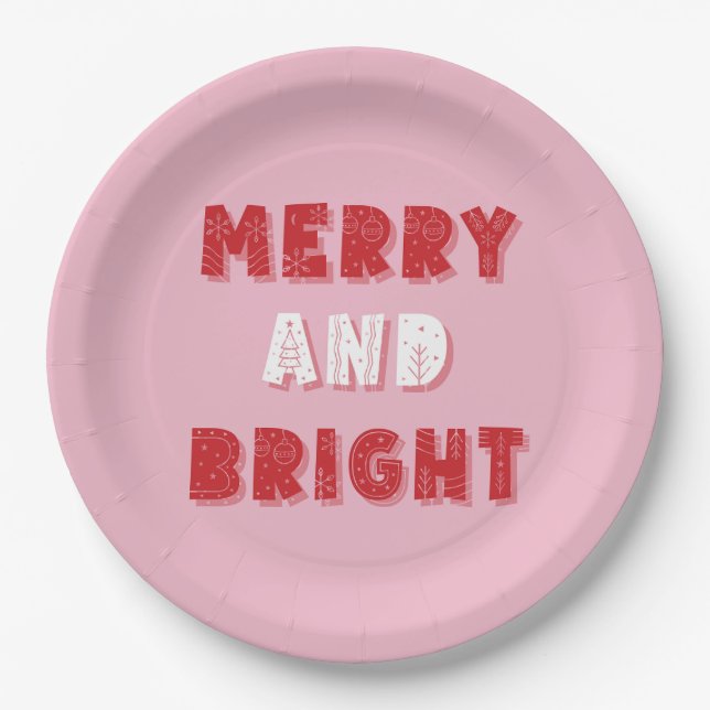Merry and Bright, Merry Christmas, Christmas, Pink Paper Plates (Front)