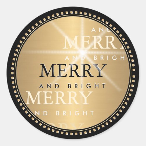 Merry and Bright Metallic Gold Star Dotted Border Classic Round Sticker