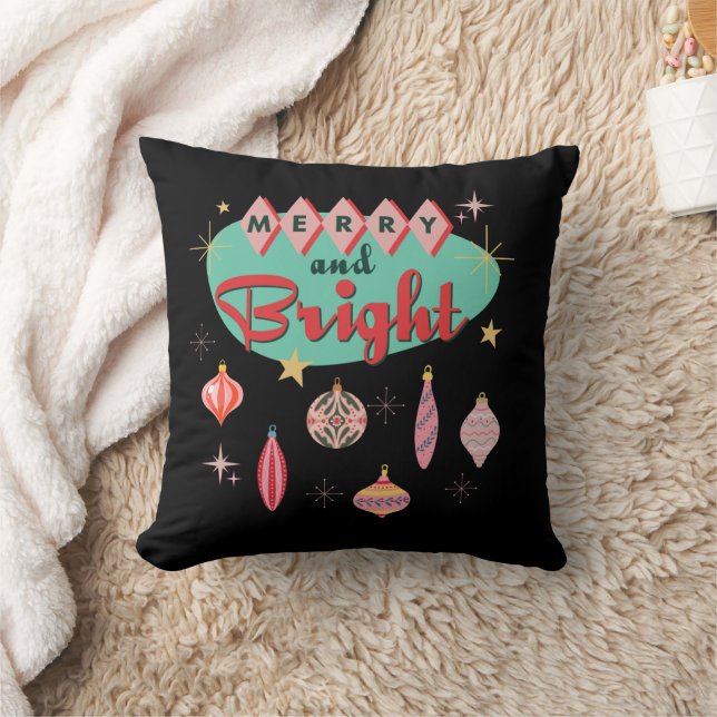 Merry and Bright Mid-Century Modern Christmas Throw Pillow (Blanket)