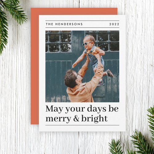 Merry and Bright  Minimalist Red Christmas Photo Holiday Card