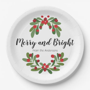 Merry and Bright Mistletoe Family Name Script Paper Plates