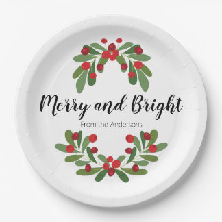 Merry and Bright Mistletoe Family Name Script Paper Plates