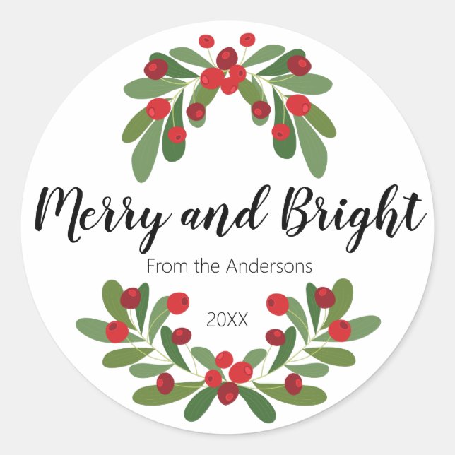 Merry and Bright Mistletoe Greenery  Classic Round Sticker (Front)