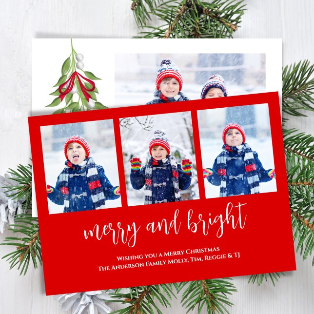 Merry and Bright Mistletoe Watercolor 4 Photo Holiday Card (Merry and Bright Christmas holiday photo card.)
