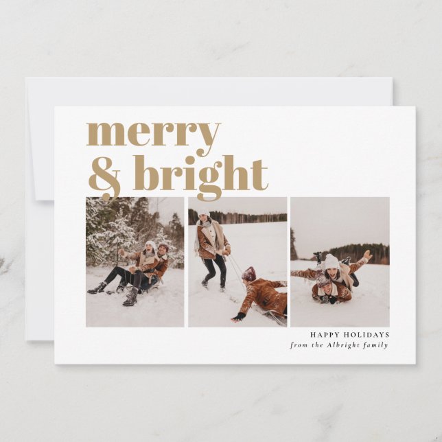 Merry and Bright Modern 3 Photo Holiday Card (Front)