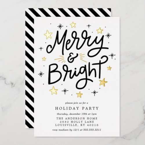 Merry And Bright Modern Black Gold Holiday Party F Foil Invitation