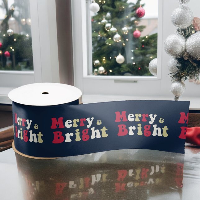 Merry and bright modern bold typography  satin ribbon (blue christmas ribbon saying merry and bright , fun bold xmas typography. ideal for all gifting )