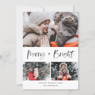 Merry and Bright Modern Brush Script Collage Photo Holiday Card