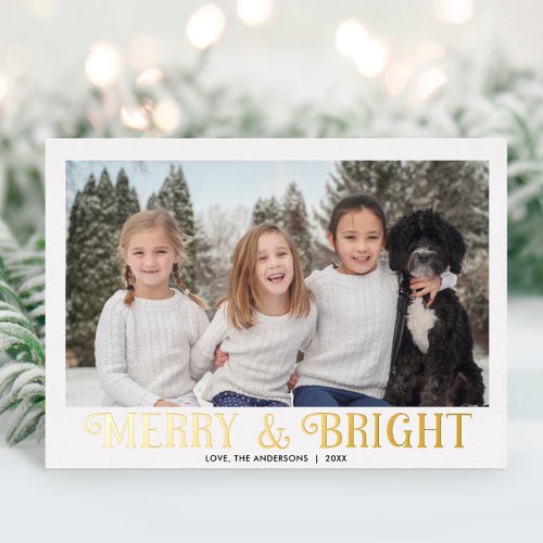 Merry and Bright Modern Calligraphy one photo Foil Holiday Card