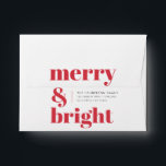 Merry and Bright | Modern Christmas Bright Red Envelope<br><div class="desc">A stylish modern holiday envelope with a bold retro typography quote "merry & bright" in bright red on a white background with a complementary feature color on the inside. The greeting, address and name can be easily customized to suit your needs. A trendy fun design to stand out this holiday...</div>