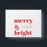 Merry and Bright | Modern Christmas Bright Red Envelope<br><div class="desc">A stylish modern holiday envelope with a bold retro typography quote "merry & bright" in bright red on a white background with a complementary feature color on the inside. The greeting, address and name can be easily customized to suit your needs. A trendy fun design to stand out this holiday...</div>