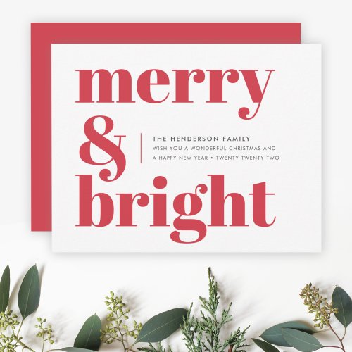 Merry and Bright  Modern Christmas Bright Red Holiday Card