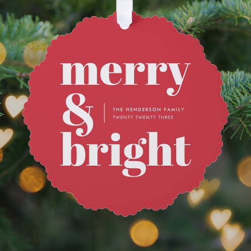 Merry and Bright  Modern Christmas Bright Red Ornament Card