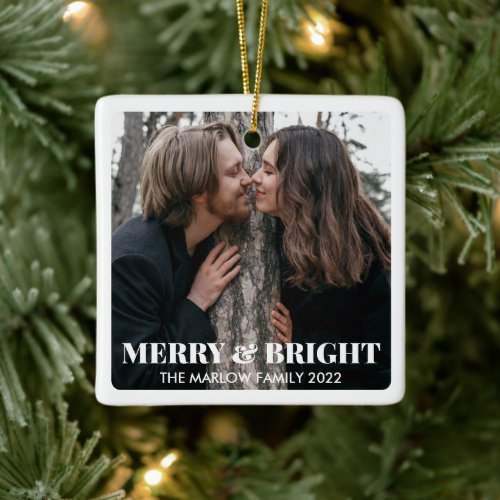 Merry and Bright Modern Christmas Couple Photo Ceramic Ornament