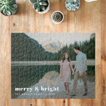 Merry and Bright | Modern Christmas Couple Photo Jigsaw Puzzle<br><div class="desc">A stylish modern holiday photo jogsaw puzzle with a bold retro typography quote "merry & bright" in white. The greeting, name and message can be easily customized for a personal touch. A trendy, minimalist and contemporary design to stand out this holiday season! The image shown is for illustration purposes only...</div>