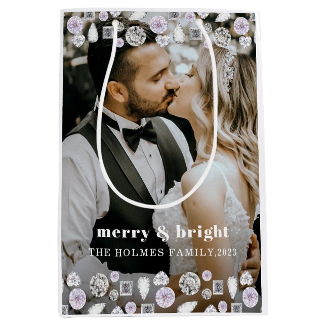 merry and bright modern christmas couple photo  medium gift bag (Front)