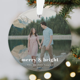 Merry and Bright   Modern Christmas Couple Photo Ornament