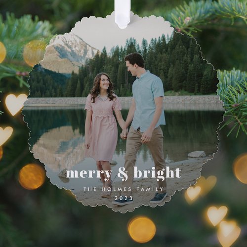 Merry and Bright  Modern Christmas Couple Photo Ornament Card