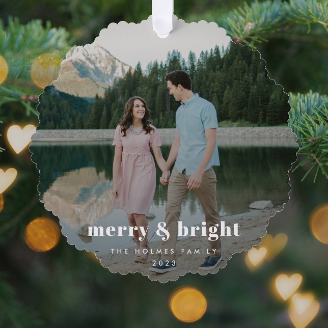 Merry and Bright | Modern Christmas Couple Photo Ornament Card (Creator Uploaded)