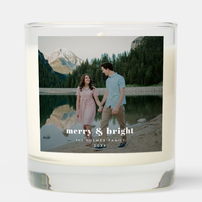 Merry and Bright | Modern Christmas Couple Photo Scented Candle (Front)