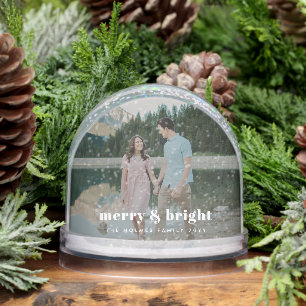 Merry and Bright   Modern Christmas Couple Photo Snow Globe