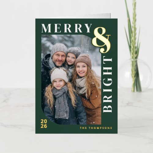 Merry and Bright Modern Christmas Photo - Green Foil Holiday Card