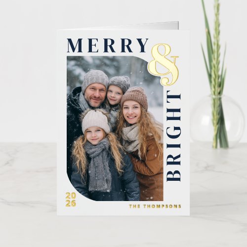 Merry and Bright Modern Christmas Photo - Navy Foil Holiday Card