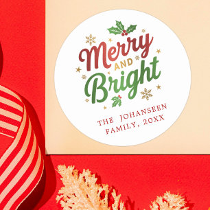 Merry and Bright Modern Christmas Red and Green Classic Round Sticker