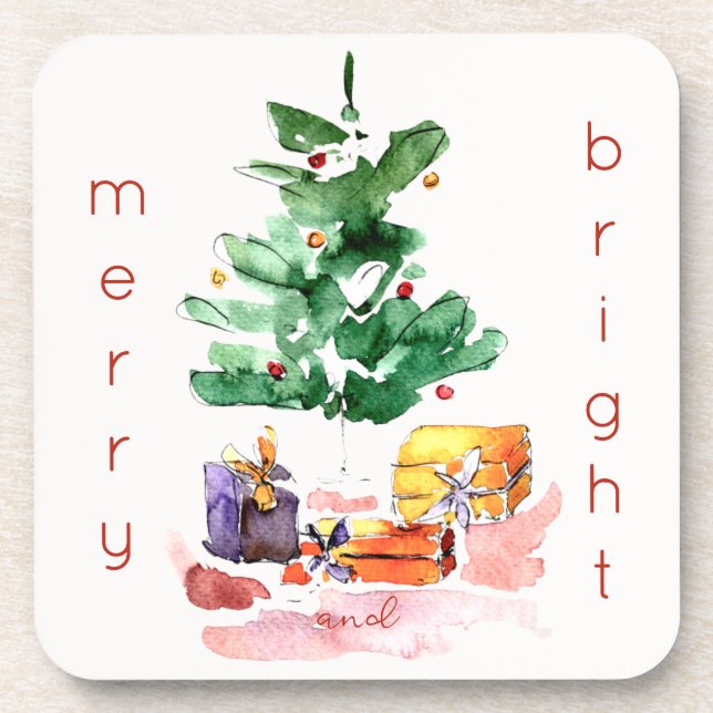 Merry and Bright Modern Christmas Tree Beverage Coaster (Front)