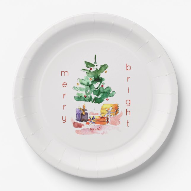Merry and Bright Modern Christmas Tree Paper Plates (Front)