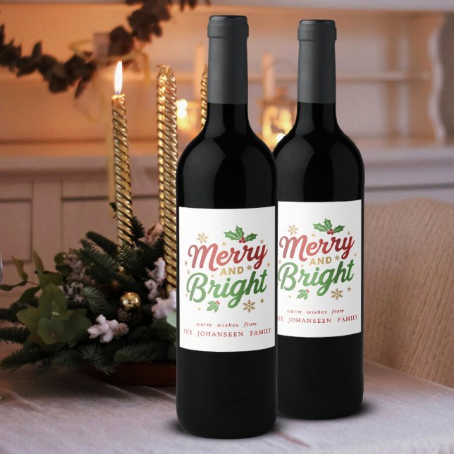 Merry and Bright Modern Christmas Trendy Festive Wine Label (Creator Uploaded)