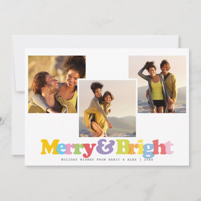 Merry And Bright Modern Couples 3 Photo Collage Holiday Card (Front)