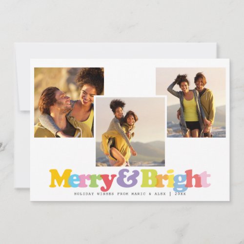 Merry And Bright Modern Couples 3 Photo Collage Holiday Card