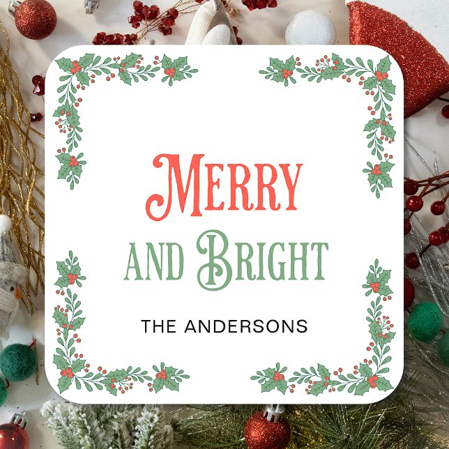 Merry And Bright Modern Family Name Christmas Square Sticker (Creator Uploaded)