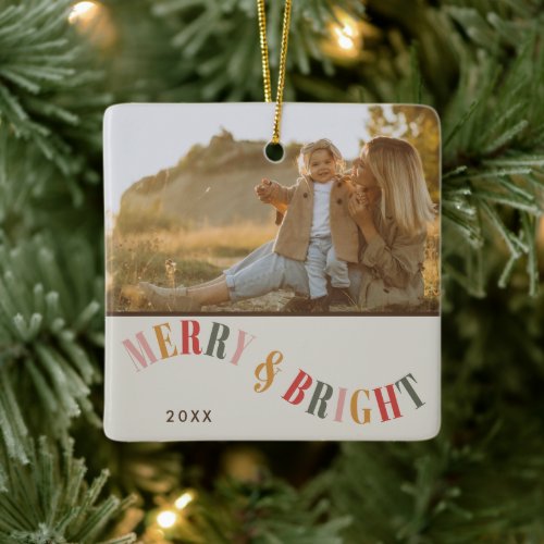 Merry and Bright Modern Family Photo Christmas Ceramic Ornament