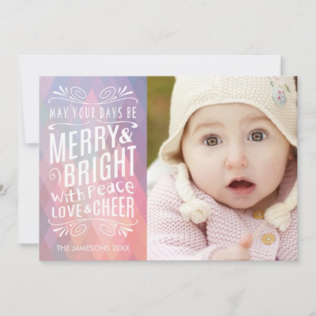 Merry and Bright Modern Geometric Pastel Photo Holiday Card (Front)