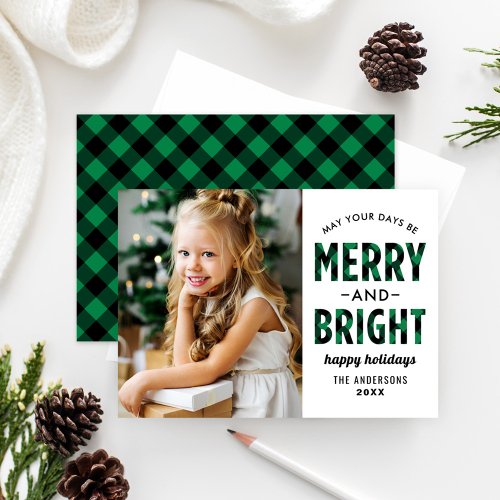 Merry and Bright Modern Green Buffalo Plaid Photo Holiday Card