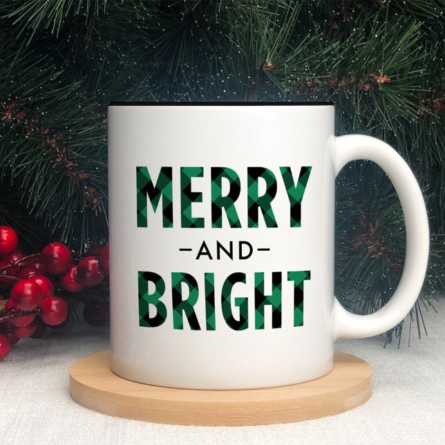 Merry and Bright Modern Green Buffalo Plaid Two-Tone Coffee Mug (Creator Uploaded)